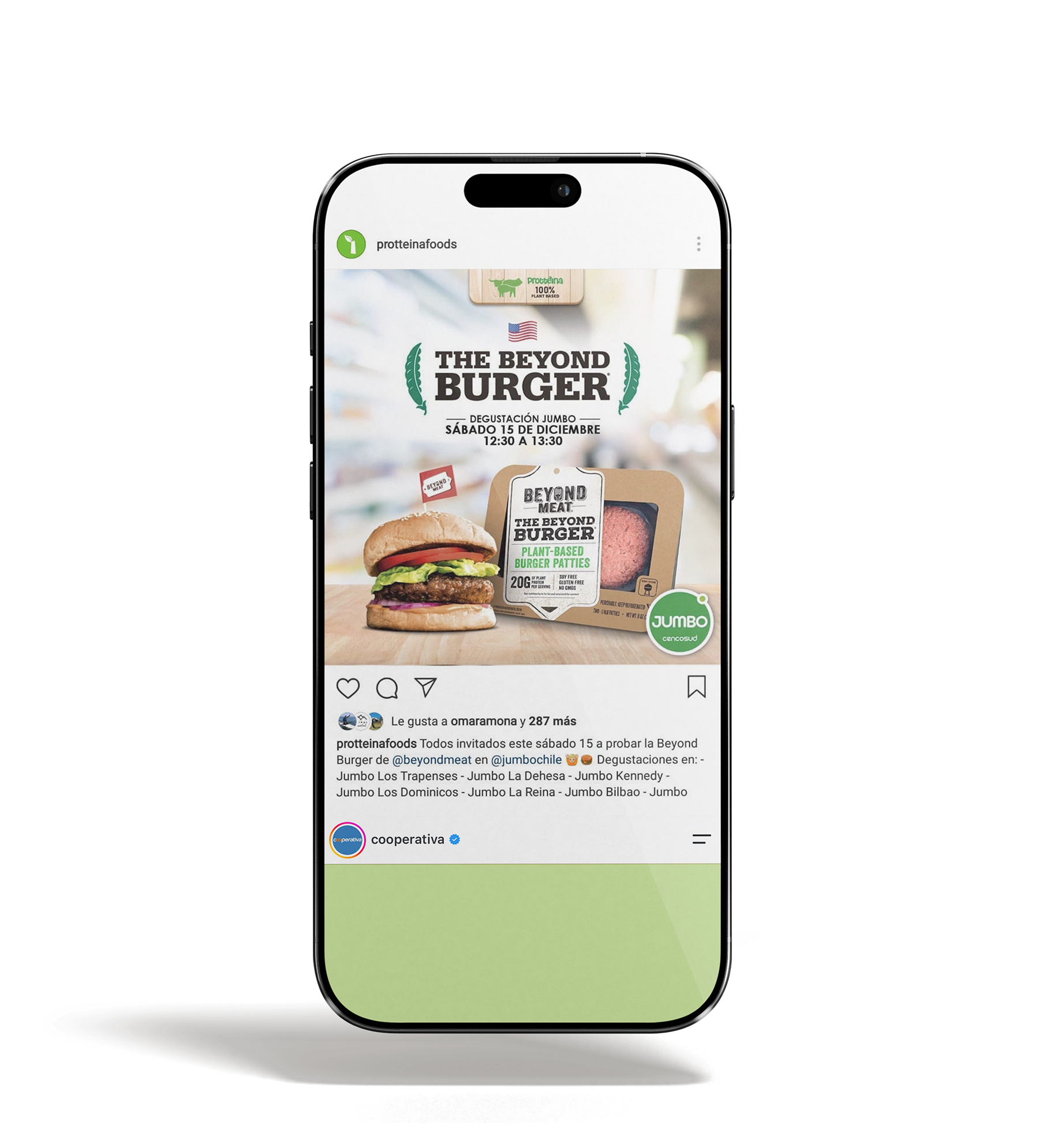 Mockup de publicación de lanzamiento y degustación Beyond Burger en Jumbo