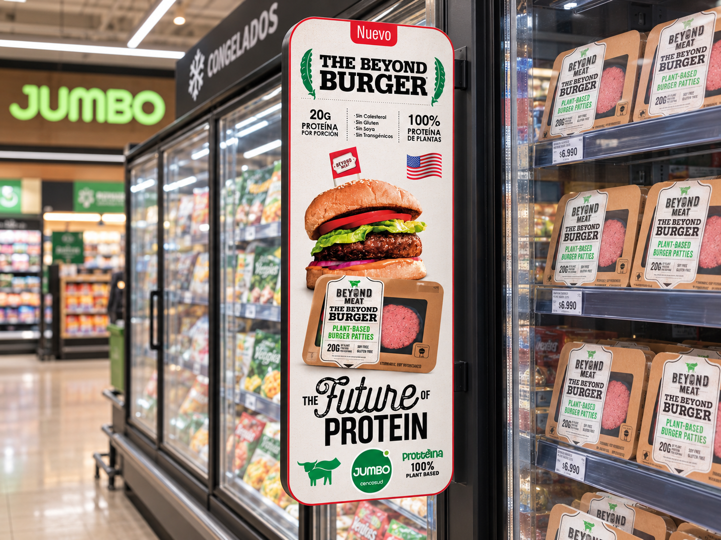 Material colgante Beyond Burger junto al producto en Jumbo