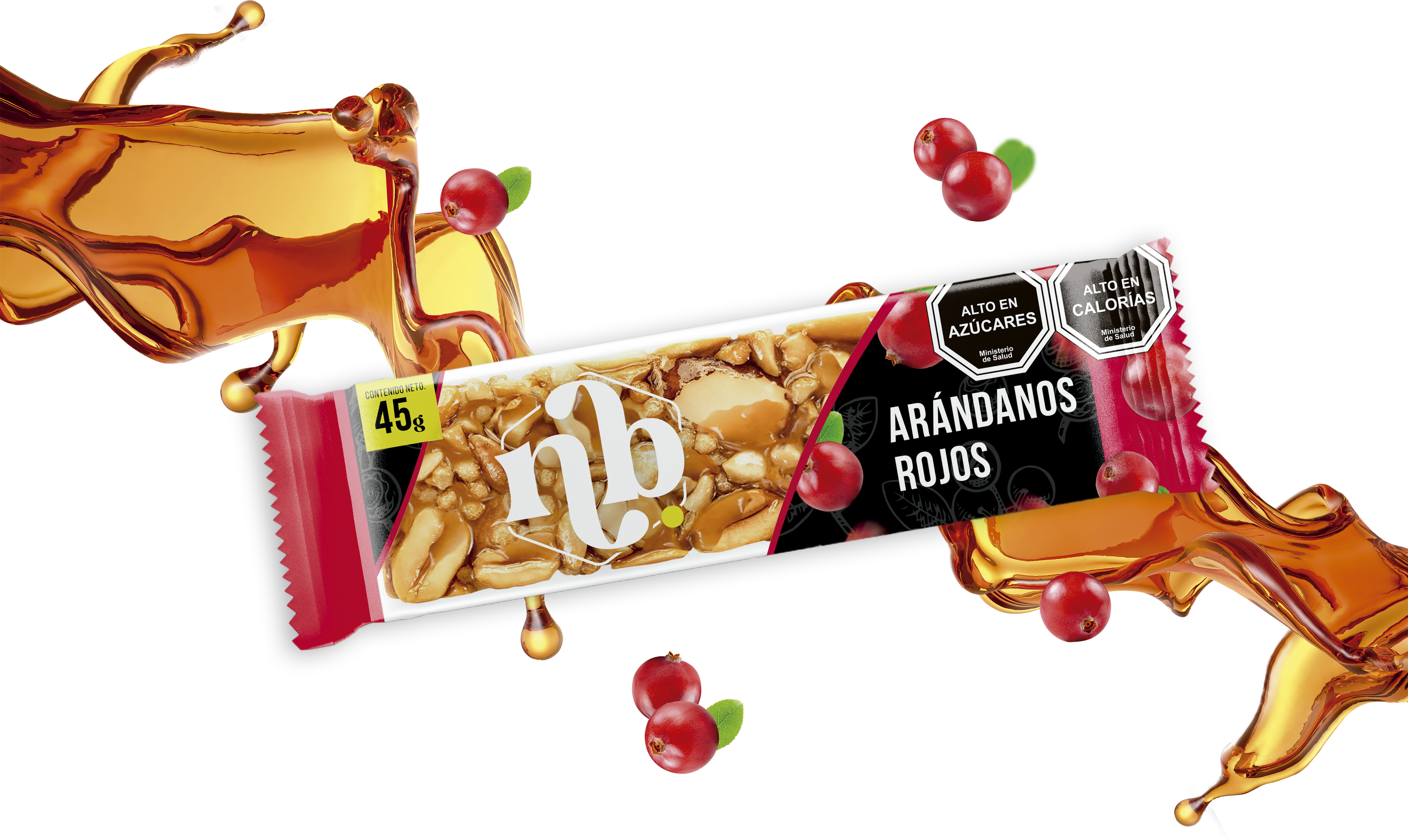 Barra NB de arándanos rojos con miel y frutos en movimiento